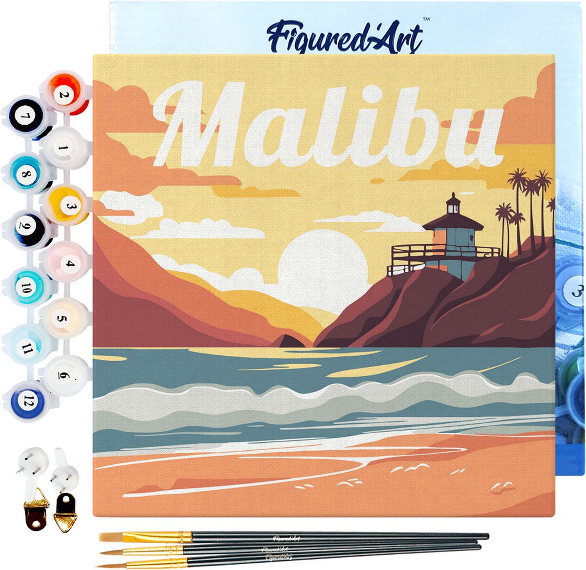 FiguredArt Mini Schilderen op Nummer Volwassenen 20x20cm met lijst Reisposter Malibu - Klein Formaat Creatieve Hobby Kit DIY Art Nummer Compleet